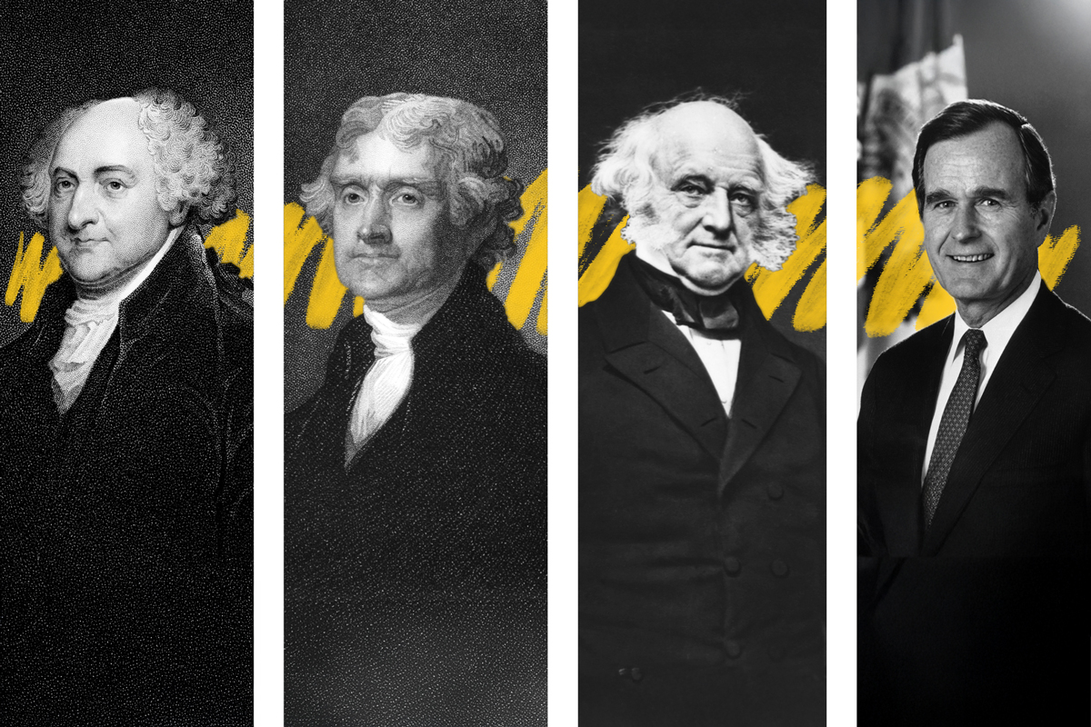 John Adams, Thomas Jefferson, Martin Van Buren, and George H.W. Bush