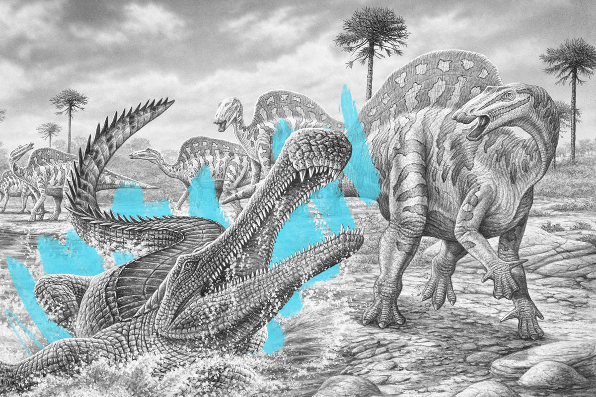 Sarcosuchus attacking a herd of dinosaurs